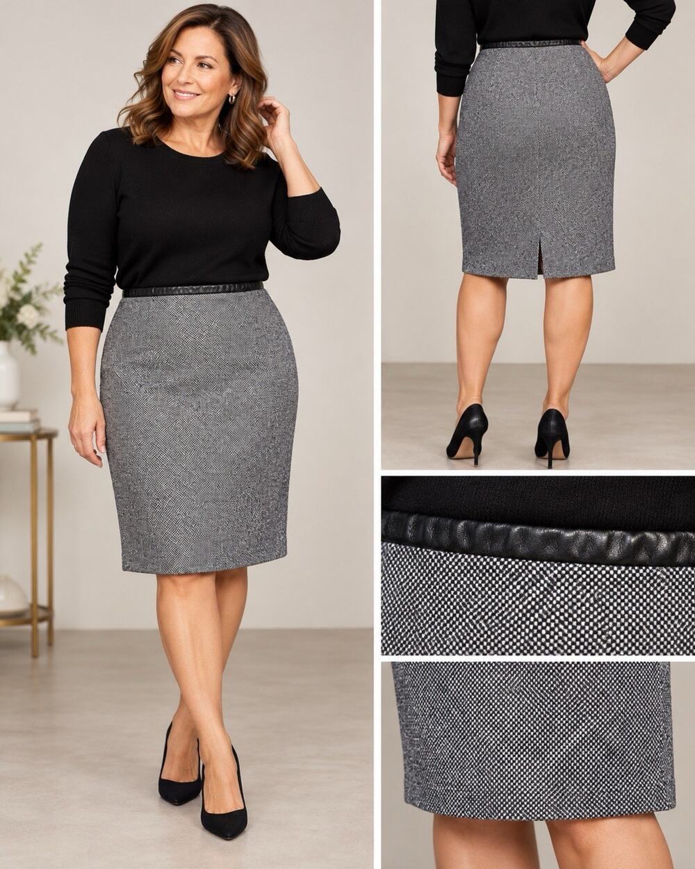 Fall Basic! Sz 18 Wool Silk Skirt Black White Tweed Leather Trim Mini Career EUC